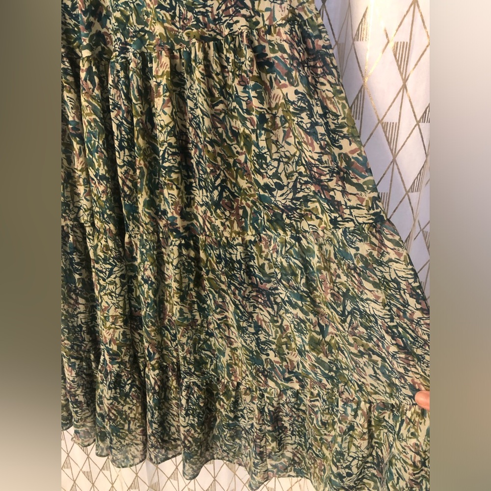 Jonathan Martin Dress White Teal Floral Drop Waist Midi V-Neck - size Medium - Picture 5 of 9
